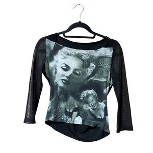Y2K Black Halftone Mesh Long Sleeve Top with Marilyn Monroe Print